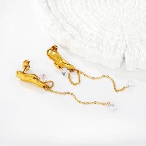 Waterproof Women's Stainless Steel Gold Plated Drop Earrings with Crystal Tassel <b>Chain</b> - Product Image 5