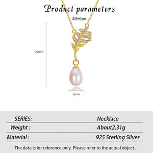 Collar de Mujer con Colgante de Hoja de Circonia y Perla de Agua Dulce, Plata de Ley S925, Chapado en Oro, Diseño Nuevo, Venta al por Mayor - Product Image 6