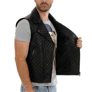 Chaleco de Cuero Genuino Acolchado con Diamantes para Hombre, Cuello Solapa, Cremallera Asimétrica, Estilo Biker, Sin Mangas - Product Image 3