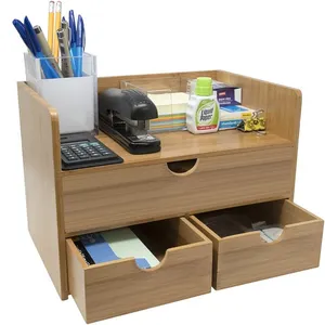 Bamboo Desktop Organizer with Drawers 3-Tier Wood Desk Shelf Organizer with Storage - Mini Desk Storage for Office Supplies, Toi