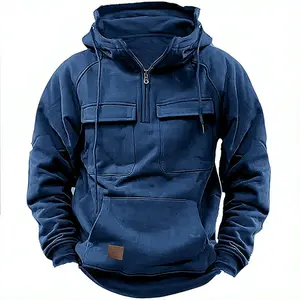 2024 New Sweatshirt with hood for men multi Pockets Patchwork Zipper Hooded Men Casual Pure Color Streetwear Top2