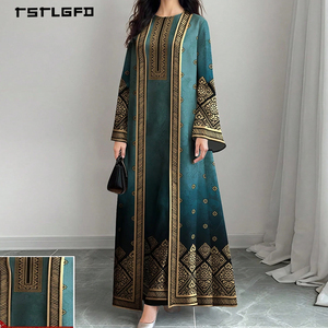 Vestido Maxi Étnico Azul Turquesa para Mujer, con Estampado Dorado, Mangas Acampanadas, Cuello Redondo, Diseño Geométrico Floral, Estilo Árabe Musulmán Modesto - Product Image 1