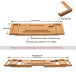 Caddy de baignoire en bambou Plateau de baignoire de luxe Support de rangement pour salle de bain avec casier à vin et support pour tablette - Product Image 6