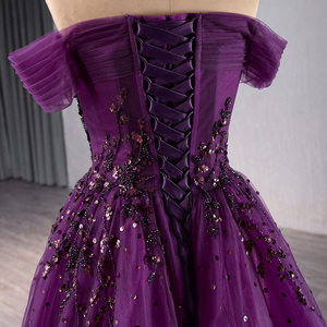 Vestido de Noche Elegante Morado 241105, Estilo Línea A, Largo hasta el Suelo, de Organza, con Cuentas, Estilo Fiesta, Cintura Natural, con Volantes - Product Image 6