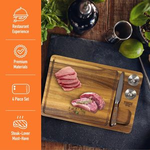 Tabla para carne Yukon Glory de madera de acacia con cuchillo y recipientes para condimentos, juego de 4 piezas para servir al estilo de restaurante - Product Image 1