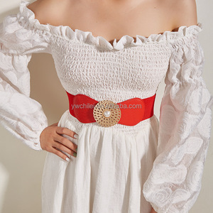 Cintura elastica larga <span class=keywords><strong>Beige</strong></span> con fibbia rotonda in metallo dorato alla moda - Product Image 1