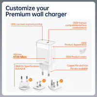 Adaptateur d'alimentation DQS 45W Type-C GaN avec design LED, charge rapide QC3.0 USB-C, chargeur OEM EU/US/UK pour 5V/3A PD, ignifuge