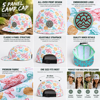Casquette de camping à cinq panneaux à imprimé floral personnalisée OEM, à visière plate réglable, pour activités de plein air, plage et surf, avec patch logo brodé, unisexe