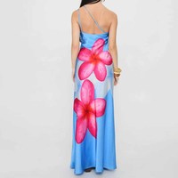 Nouvelle robe longue de soirée en satin bleu à imprimé floral numérique, asymétrique et sans manches, style cache-cœur
