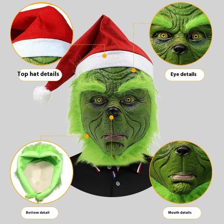 Green Furry Monster Grinch Masquerade Latex Headgear Gloves Funny ...