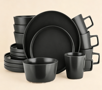 Service de vaisselle en porcelaine noire mate effet pierre, 16 pièces, jetable, compatible micro-ondes et lave-vaisselle, design moderne et robuste
