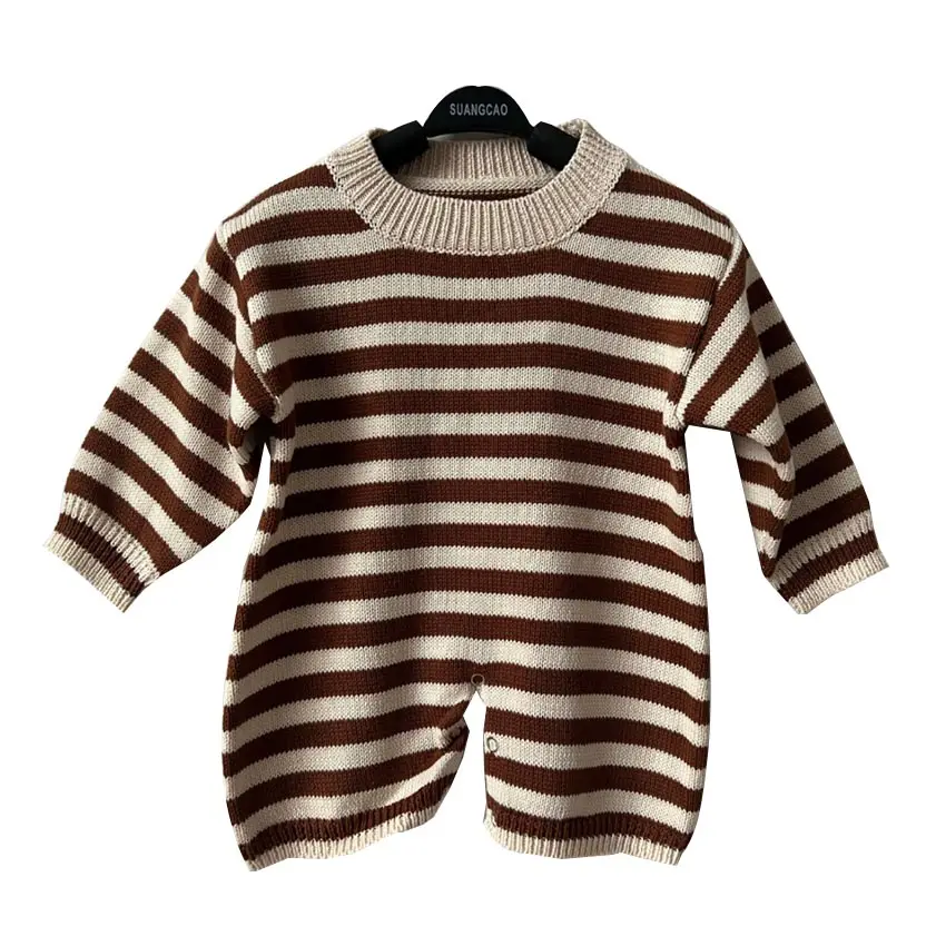 Newborn baby romper onesie fall warm wool jumpsuit boys girls baby round neck buttoned pajamas fashion striped crawling clothes