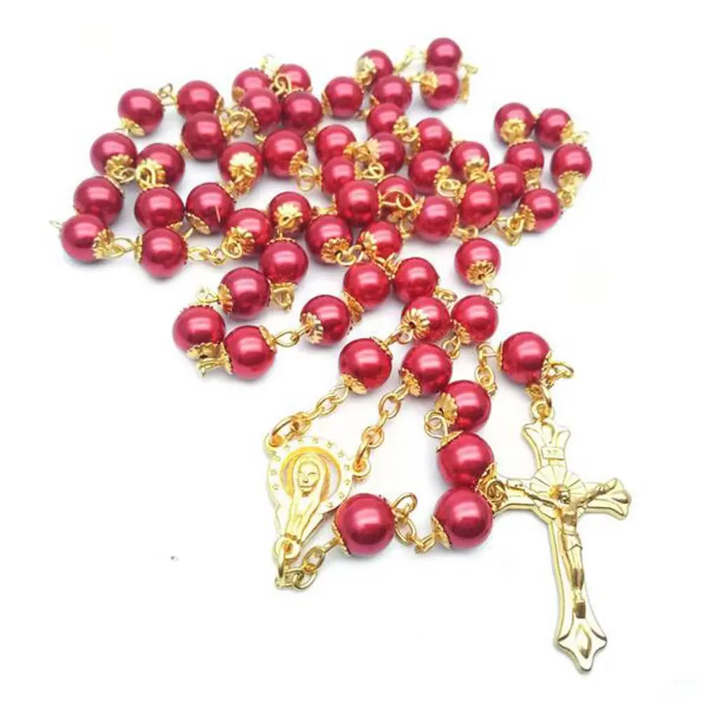 8 мм красные цветные стеклянные жемчужные бусины четки католические Молитвенные Четки Позолоченные религиозные распятия кулон ожерелье