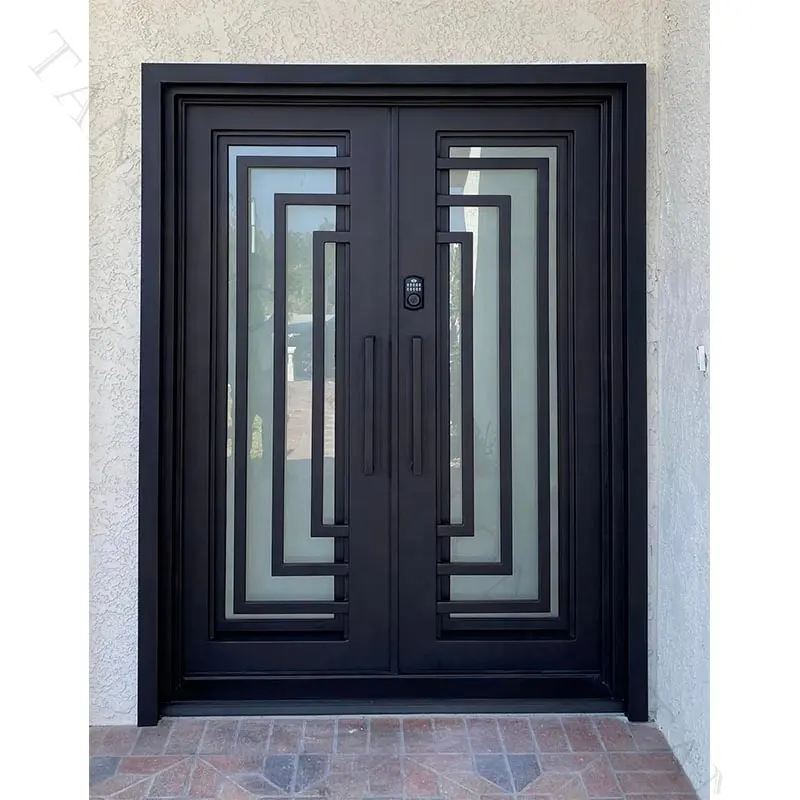 Besi tempa pintu Modern besi dekorasi pintu depan ganda selesai dengan kaca untuk rumah