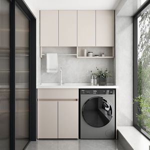 Mueble de lavandería de aluminio con fregadero integrado y unidad para lavadora para uso en balcón, diseño moderno, resistente al agua. - Product Image 1