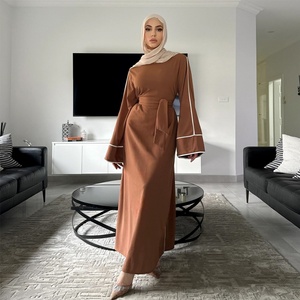 Abaya Maxi d'été de couleur unie, de haute qualité, en tissu Nida, à porter au quotidien, avec passepoil blanc pour femmes musulmanes 6472 # - Product Image 3