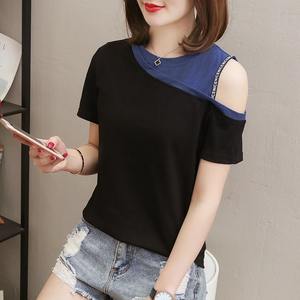 Vêtements pour femmes Mode d'été Casual Patchwork All-match Color Blocking O-neck Female Off Shoulder Appear Thin Short Sleeve Tops - Product Image 3