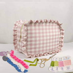Customizable 4 Sizes <strong>Stitching</strong> Needlework Project Bags Embroidery Storage Zipper Bag Cosmetic Pouch Gingham Ruffle <strong>Make</strong> <strong>up</strong> Bag - Product Image 3