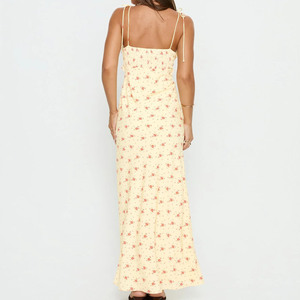 Vestido Maxi de Mujer con Tirantes Finos, Cuello en V, Estampado Floral Amarillo Vintage, Lazo, Volantes en el Busto y Espalda Fruncida, Ideal para Verano, Primavera y Otoño - Product Image 2