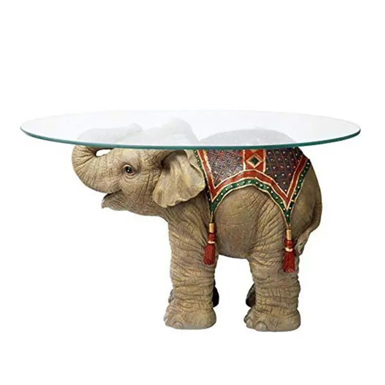 Polyresin/ Resin Jaipur Elephant Festival Indian Decor Coffee Table with Glass Top, 30 Inch, Polyresin, Full Color