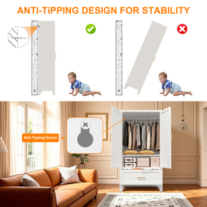 60" Tall Modern Metal <b>Wardrobe</b> Cabinet with 2 Drawers and <b>Hanging</b> Rod Doors for Bedroom (White) - Product Image 2