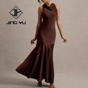 Nouvelle robe maxi décontractée de luxe en satin marron à col haut réglable, robe maxi en satin de haute qualité - Product Image 1