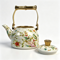Théière Émaillée Élégante à Motif Floral et d'Oiseaux, Poignée en Bambou Doré, Bouilloire Polyvalente, Cadeau de Fêtes Premium
