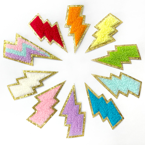 Parches de chenilla con diseño de rayo, multicolor, bordados tipo toalla, termoadhesivos, con borde de purpurina dorada, para ropa universitaria, al por mayor - Product Image 3