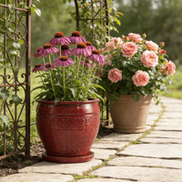 Ensemble de pots à fleurs en céramique émaillée, écologiques, durables, rouge bordeaux brillant, texture en rotin tressé, pour l'intérieur et l'extérieur, jardin
