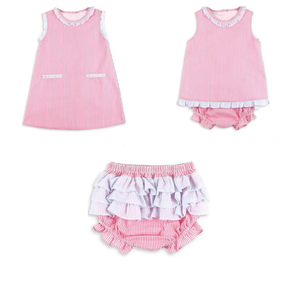 Vente flash : Ensemble de vêtements pour bébé fille, coton, seersucker, ensemble assorti pour sœur, rayures, ensemble de bloomers pour fille - Product Image 1