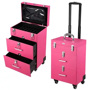 Wholesale Pink black PVC trolley rolling cosmetic beauty makeup vanity nailpolish case with lock brake wheels