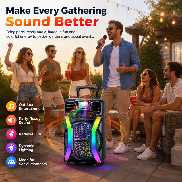 HANSUO HS-TS12H8 12 Inch Trolley Karaoke Party Speaker with 4500mAh Battery Wireless Microphone USB FM and Light Effects