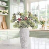 Ranting Pinus Bersalju Natal dengan Buah Berry Merah dan Kuncup Pinus 15,75 inci untuk Vas, Rangkaian Bunga, Grosir