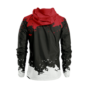 เสื้อแจ็คเก็ตวินด์เบรกเกอร์แบบมีฮู้ดสำหรับผู้ชาย สีแดงดำ พิมพ์ลายแบบซับลิเมชั่น โลโก้ด้านหน้าแบบกำหนดเอง ซิป ลายพิมพ์ สปอร์ต - Product Image 6
