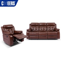 MANWAH CHEERS Juego de Sofás Reclinables de 3 Plazas de Diseño Americano, Sofá Reclinable Manual, Sofá de Cuero Genuino Marrón