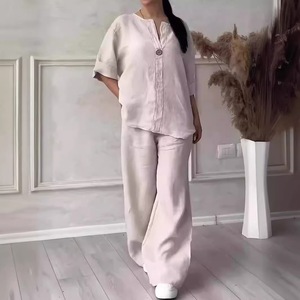 Women's Cotton <b>Linen</b> <b>Sets</b> Loose Tops Wide Leg Pants Casual Solid Color S M L XL XXL 3XL 4XL 5XL Europe America Style - Product Image 4