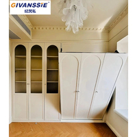 Lit mural horizontal Murphy en bois massif beige crème avec portes encastrées cintrées, meuble de toilette latéral avec portes, design moderne, ignifuge