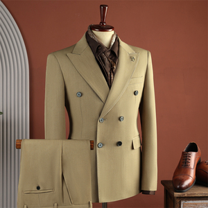 Ensemble de <span class=keywords><strong>costume</strong></span> 2 pièces vert croisé pour <span class=keywords><strong>homme</strong></span>, style italien, blazer col en V et <span class=keywords><strong>pantalon</strong></span> en tissu peigné infroissable, idéal pour les galas et les tapis rouges - Product Image 4