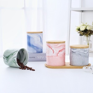 Contenedor de comida seca de porcelana de mármol real de lujo MSH, juego de tarros de almacenamiento de azúcar para té y café con tapa de madera, bote de té de hierro - Product Image 2