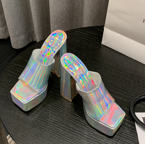 Ins Hot <b>Silver</b> Metallic High <b>Block</b> <b>Heel</b> Mules Women's Platform Sandals Summer <b>Shoes</b> Chunky <b>Heels</b> Slippers - Product Image 5