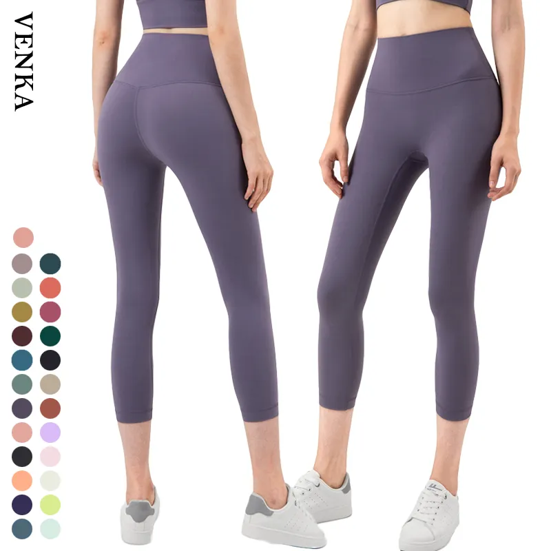 High Waist Women's 3/4 Length Solid Color Sports Pants Fitness Running Capri Pants with inside Pocket Plus Size for Yoga