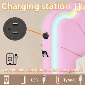 Sarımlı Kabuklu RGB LED'li Döşemeli Platform Yatak, Yatak Altı Çekmeceli Depolama Alanı, USB Tip C Şarj İstasyonu ve Yumuşak Yatak - Product Image 4