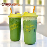 Gobelets en plastique PET transparents personnalisés de 20 oz et 24 oz, à fond arrondi en forme de U, avec couvercle jaune et paille, logo pour matcha latte et boissons froides