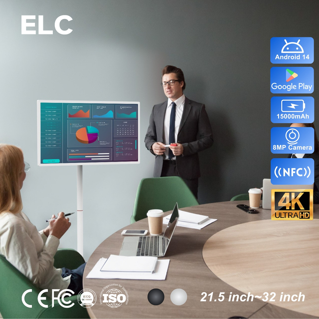 New 32" 4K UHD Portable Smart Screen Android 14 RK3576S Mobile Touch Monitor with Wheels Wireless Rolling TV for Office