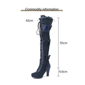 SHIKOL femmes bottes au-dessus du genou Vintage 90S Lolita chaussures talons hauts à lacets nœud bleu <span class=keywords><strong>noir</strong></span> <span class=keywords><strong>daim</strong></span> chaussures pour femmes bottes cuissardes - Product Image 3