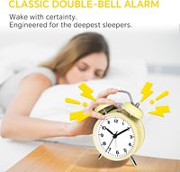 Réveil en métal jaune de 4,5 pouces avec double cloche, silencieux, sans tic-tac, pour les gros dormeurs, écologique, à piles, pour bureau