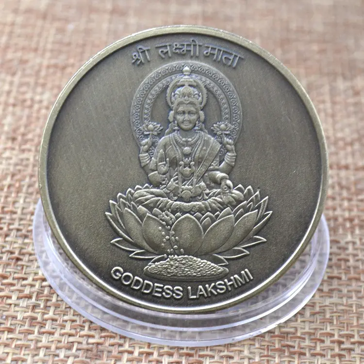 Bronzo antico India dea Lakshmi monete cinese Feng Shui mito bestia fortunata vecchia moneta di rame