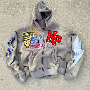 Benutzer definierte Logo Distressed gewebte Patchwork bestickte übergroße Reiß verschluss Hoodies Unisex Vintage Sun Faded Acid Washed Hooded Jacket - Product Image 5