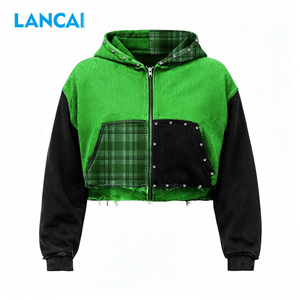 Oversized Boxy Heavyweight Rhinestones Zip Hoodie for Men Color Block Plaid Design with Acid Washed Sun Faded Streetwear - Product Image 1