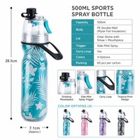 Bouteille pulvérisateur d'eau en plastique PET 500 ml à double paroi, avec bouchon à paille et poignée de transport, légère, pour extérieur, logo personnalisé